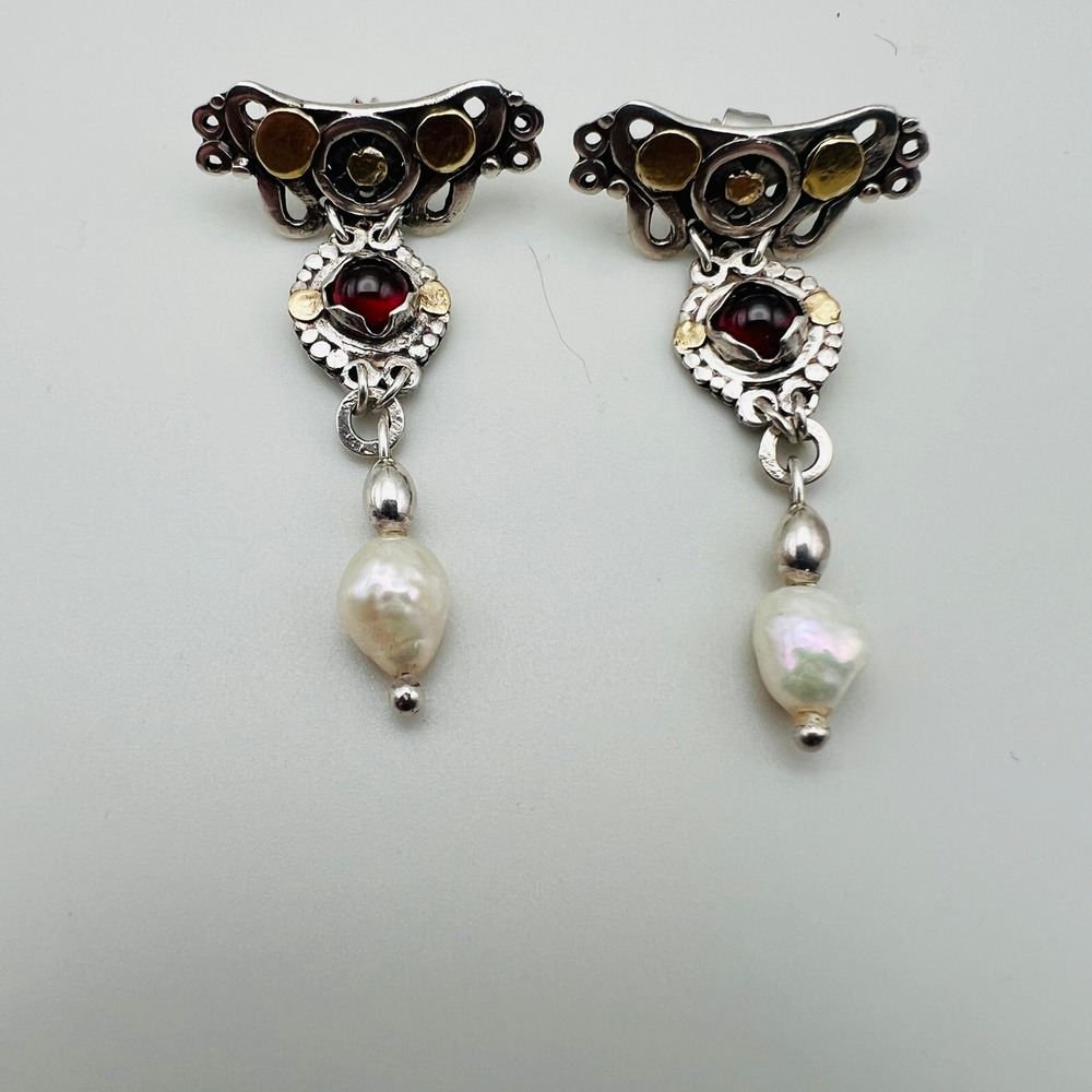 Silver Tone Garnet Pearl Drop Earrings Artisan Dangle Boho Vintage‎ Style